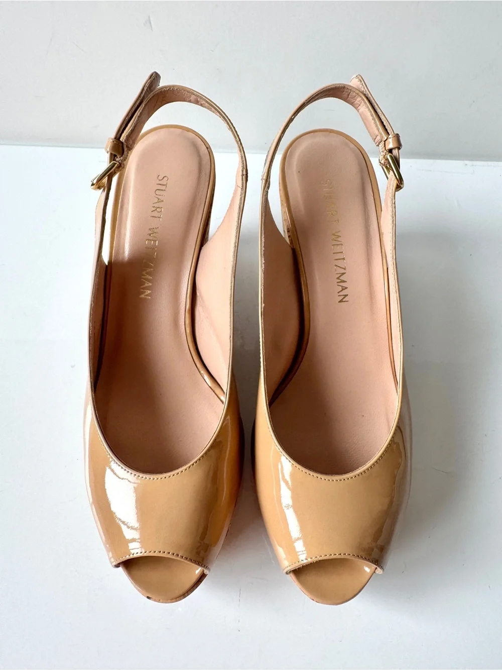 Stuart Weitzman Riviera Nude Patent Slingback Cork Platform Wedge Sandals Size 9